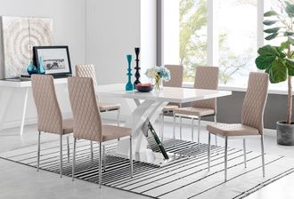 Furniturebox Atlanta Modern Rectangle Chrome Metal High Gloss White Dining Table & 6 Milan Chairs Set in Beige
