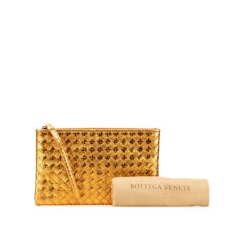 Bottega Veneta Gold Metallic Leather and Snake Skin Intrecciato Wristlet Clutch
