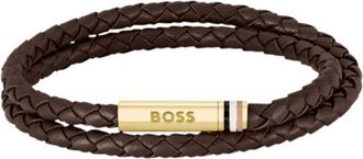 BOSS Brown braided leather cuff with logo closure
