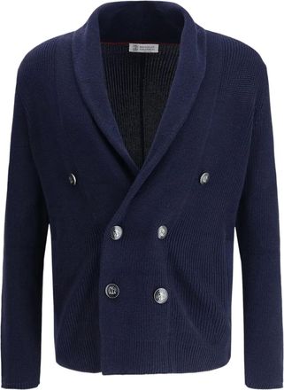 Brunello Cucinelli Vest met sjaalkraag en dubbele rij knopen - Blauw