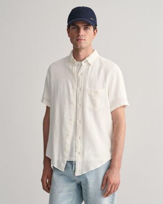 GANT Mens Regular Fit Cotton Linen Texture Short Sleeve Shirt - White - Size Large