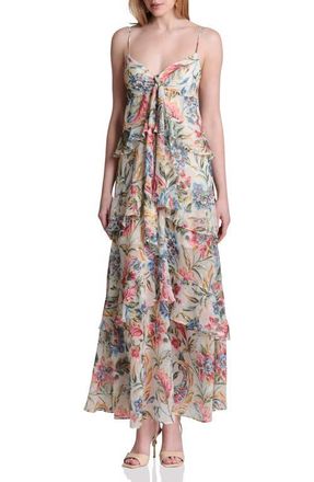 Avec Les Filles Tie Front Ruffle Maxi Dress in Antoinette Damask at Nordstrom, Size 12
