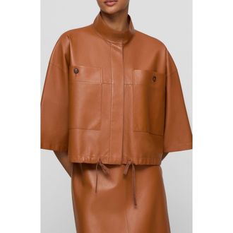 Lafayette 148 New York Oversize Leather Crop Shirt Jacket in Copper at Nordstrom, Size Large