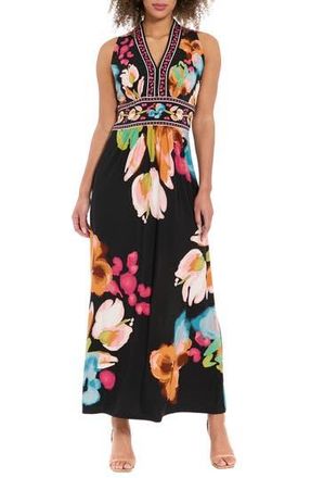 London Times V-Neck Maxi Dress in Black/Coral at Nordstrom Rack, Size 10