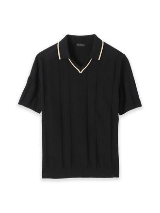 Paul Fredrick Cotton Crochet V-neck Polo in Black at Nordstrom, Size Xx-Large