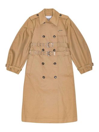 Ganni Long Trench Coat In Beige Cotton