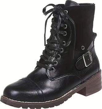 Generic Boots for Women UK Vintage Synthetic Leather Round Toe Boots Comfortable Lace Up Side Zipper Shoes Casual Low Chunky Heel Buckle Booties Fashion Comba