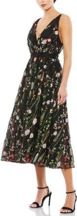 Mac Duggal Floral Embroidered Sleeveless Midi Dress in Black Multi at Nordstrom, Size 10