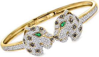 Ross-Simons White and Black Diamond Leopard Cuff Bracelet With Emerald Accents in 18kt Gold Over Sterling