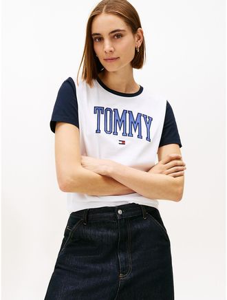 Tommy Hilfiger Womens Varsity Tommy Logo Ringer T-Shirt - White - XXL