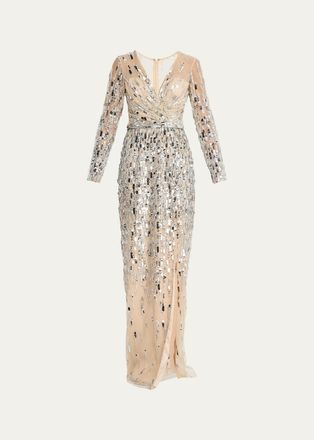 Pamella Roland Sequined Long-Sleeve Surplice Tulle Gown
