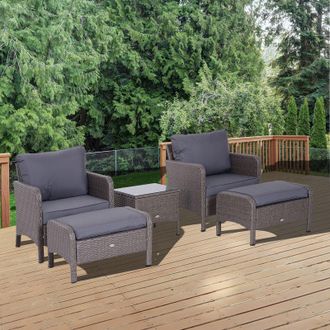 OUTSUNNY 5 Pcs PE Rattan Garden Patio Furniture Set w/ Chair Stool Coffee Table in Grey