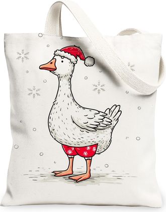 Generic Funny Goose Canvas Tote Bags, Holiday Christmas Bird Design Reusable Shopping Bags, Lightweight Washable Shoulder Strap Can, White, 13x15 Inch