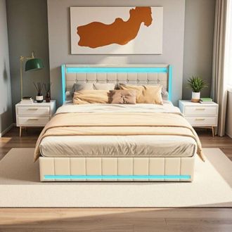 OEM Cama Doble 160x200 - Beig - Cama Con Cofre Y 4 Cajones - Led Rgb - Cargador Usb/type-c