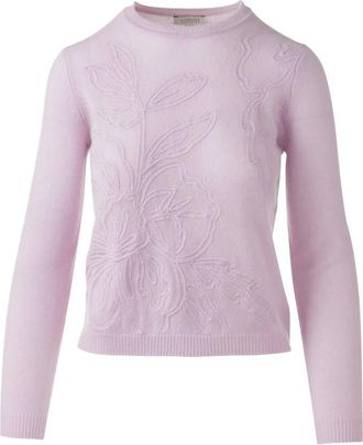 Kinross Cashmere Womens Floral Embroidered Crew Sweater In Lilac
