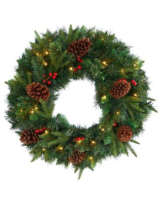 Nearly Natural 24In. Mixed Pine Artificial Christmas Wreath With 35 Clear Led Lights And Berries