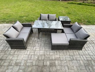 Fimous 7 Seater Rattan Wicker Garden Furniture Patio Conservatory Sofa Set Indoor Outdoor with Dining Table Big Footstool in Dark Grey