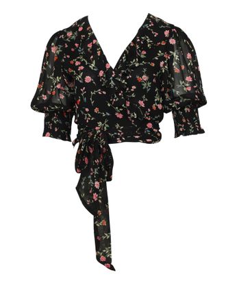 Ganni Ganni Floral Chiffon Wrap Blouse in Black Viscose