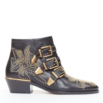 Chlo&eacute; Chloe Susanna black leather gold floral studded triple buckle boots