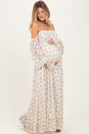 Pinkblush Floral Lace Smocked Long Sleeve Off Shoulder Maxi Dress in Orange at Nordstrom, Size Small