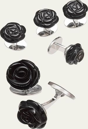 Jan Leslie Onyx Carved Rose Tuxedo Cuff Link and Stud Set