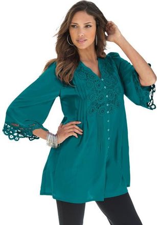 Roaman's Plus Size Juliet Lace Trim Button Down Shirt in Tropical Teal at Nordstrom, Size 40