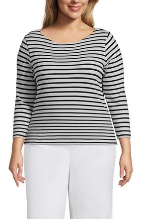Lands End Mariner Jersey Boatneck Top in Oyster/black Breton Stripes at Nordstrom, Size 3X
