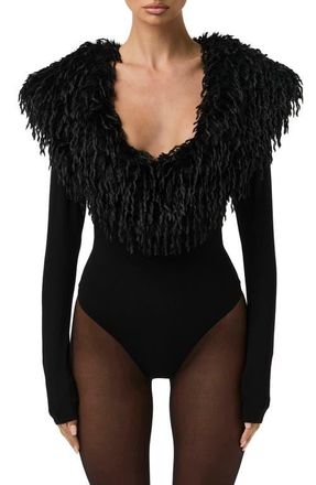 Naked Wardrobe Butter Long Sleeve Bodysuit with Feather Collar in Black at Nordstrom, Size X-Large