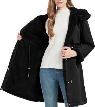 Generic Womens Coats Winter Fleece Lined Long Jackets for Women Warm Windproof Parka Coat Reversible Plush Thermal Waterproof Elegant Ladies Fleece Jackets Fu