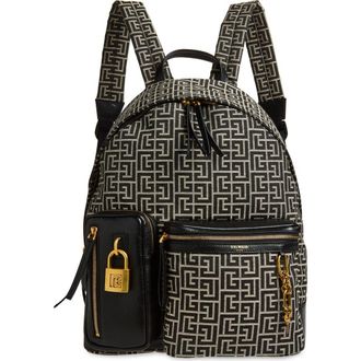 Balmain Pulse Twill Backpack in Geometric Logo/ivory/black at Nordstrom