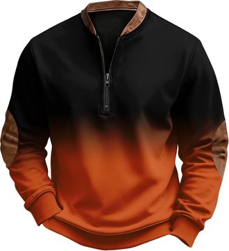 Generic Mens Quarter Zip Sweatshirts Mens Thermal Sweatshirt Long Sleeve Henley Neck Elbow Patch Gradient Multicolor Ribbed Cuff Casual Fit Stretchy Fabric We