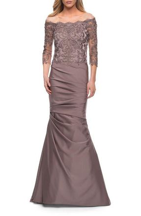 La Femme Satin Mermaid Gown with Off the Shoulder Lace Bodice in Cocoa at Nordstrom, Size 14