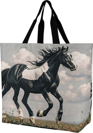 Generic Black And White Horses Running Carry Bag Large Capacity Shopper Bag Reusable Shoulder Bags For Casual Camping Work