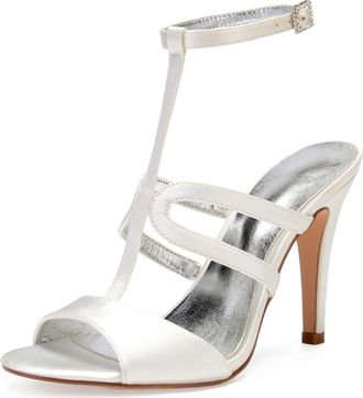Generic Wedding Bridal Shoes Womens Stiletto Heels Sandals Sexy Open Toe Bridal Satin Wedding Party Dressy Heels Shoes 10.5Cm,Ivory,7 UK