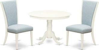 East West Furniture A wooden dining table set of two amazing dining chairs with Linen Fabric Baby Blue color and a fantastic 42-Inch Antique dining table
