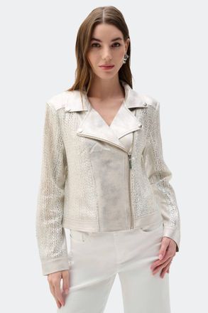 Joseph Ribkoff Faux Suede Foiled Knit Moto Jacket In Champagne/silver