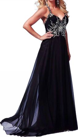Mac Duggal Flowing Crossover Gown In Black/silver