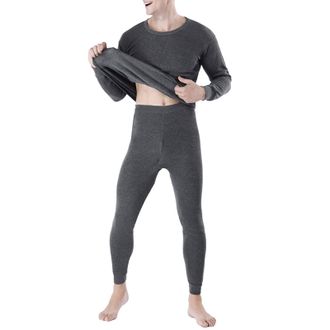 Generic Mens Pyjamas Set Long Sleeve Solid Color Cotton Rich Top Brushed Fleece Bottoms Top Warm Pants PJ Nightwear Loungewear Set Winter Gift for Men