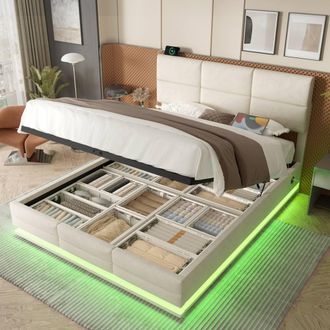 Matteo Modern Velvet Storage Bed Frame with LED, USB & Adjustable Headboard in Beige | Size: Double