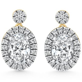 Pompeii3 3 1/2Ct Oval Halo Dangle Diamond Earrings Yellow Gold Studs Lab Grown