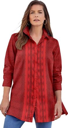 Roaman's Kate Long-Sleeve Crisp Cotton-Blend Button-Front Tunic in Red Black Stripe at Nordstrom, Size 40