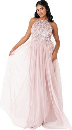 Maya Womens Maya Frosted Embellished Halter Neck Pink Maxi Dress Bridesmaid, 8