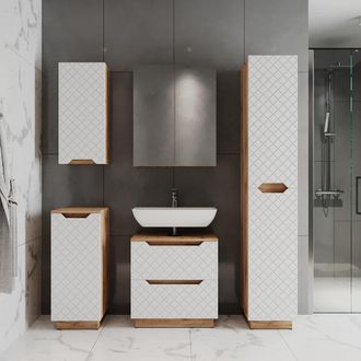 Vicco Juego De Muebles De Ba&ntilde;o Lotta, Roble/blanco Con Estructura De Azulejos, 5 Partes, Vicco