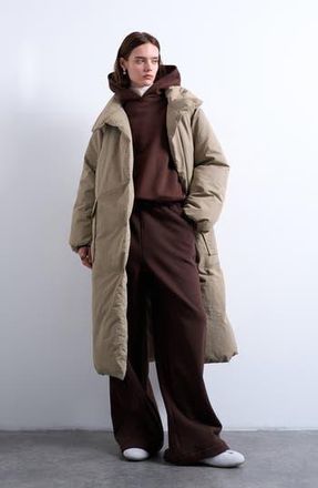 Topshop Longline Belted Puffer Jacket in Stone at Nordstrom Rack, Size X-Small