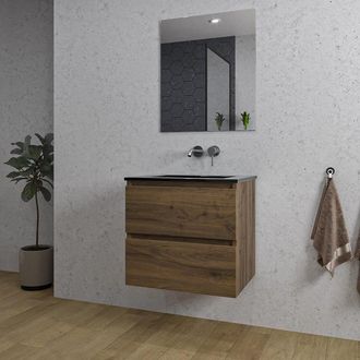 Saniclass Chaci Badkamermeubelset - 60x46x55cm - keramische wastafel zwart - 1 wasbak - zonder kraangat - 2 lades - rechthoekige spiegel - noten (hout)