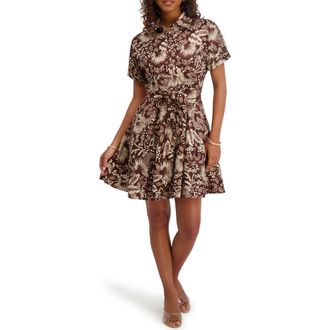 Kensie Jungle Print Short Sleeve Taffeta Shirtdress in Chocolate Multi at Nordstrom Rack, Size 10