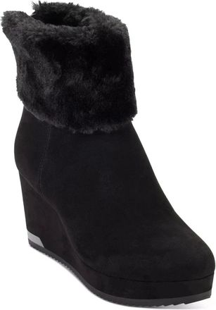 DKNY Nadra Boots Women Black Faux Fur Collar Wedge Heel Ankle Bootie Lion917