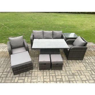 Fimous Outdoor Rattan Furniture Sofa Garden Dining Sets Height Adjustable Rising lifting Table and Chair Set With Side Table 3 Footstools - Fimous