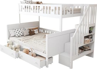 STILVORA Litera 90&times;200 Cm Y 140&times;200 Cm, Cama 3 Plazas Con Escalera De Almacenaje Y 2 Cajones, Sin Colch&oacute;n