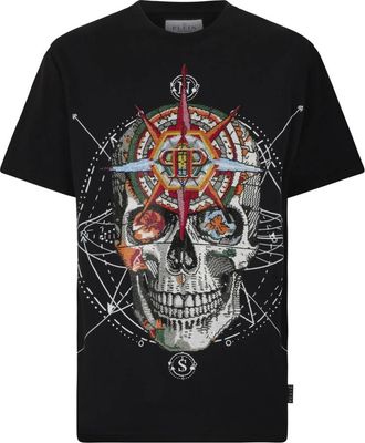 Philipp Plein Tops, Heren, Zwart, 2Xl, Katoen, Round Neck T-Shirt Wind Rose Skull Stones